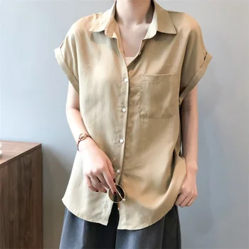 Cămașă cu Mânecă scurtă pentru Femei Tricou Vrac coreean Topuri Femei Bluză Albă Șifon Buton Solid Împletit Buzunar Blusas Tricouri 0693
