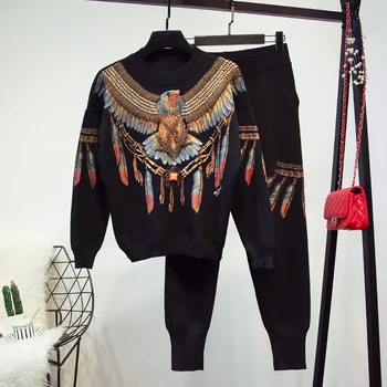 2019 primavara toamna femei tricotat costum European stația de vultur cu margele de imprimare pulover + pantaloni casual pentru femei de moda din două piese