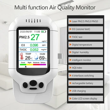 2.8 Inch Ecran LCD de Ozon Detector Concentrație de Ozon Multifuncțional Detectoare de PM2.5 PM1.0 PM10 Temperatura Umiditate TVOC Tester