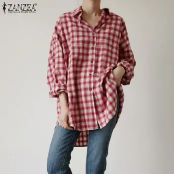 Moda Check Tricouri Femei Rever Bluza ZANZEA 2021 Primăvară Maneca Lunga Blusas de sex Feminin Butonul de Jos Blusas Plus Dimensiune Tunci Topuri