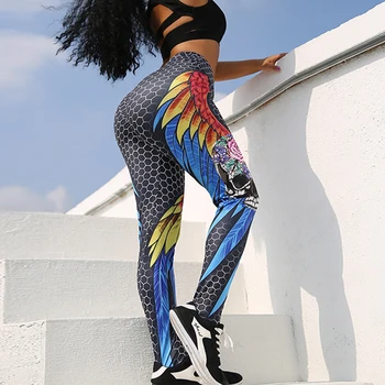 [Ești Secretul Meu] Imprimate 3D tip Fagure Aripi Jambiere de Fitness, Cap de Craniu Femei Leggins Antrenament Slim Sexy Sport Pantaloni Elastic