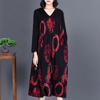 COIGARSAM 4XL Plus Dimensiune Epocă Mozaic Femei rochie Lunga de Primăvară Imprimare Vrac Batwing Maneca V-Neck Rochii Roșu Galben 5259