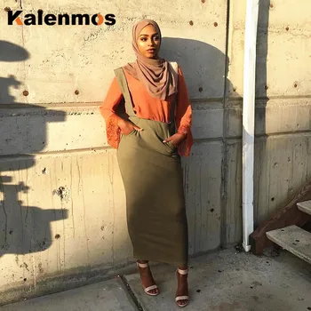Musulman Suspensor Fusta Femei, Două Chingi peste Umăr Fuste islam Talie Mare Bodycon Subțire de Creion Fusta cu Bretele Haine Islamice