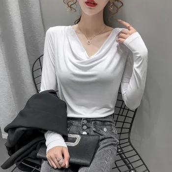 Femei Sexy Tricouri Maneca Lunga 2020 Moda Casual De Iarna Alb-Negru Topuri Doamnelor Toamna Haine Coreene Streetwear Bază Tricou