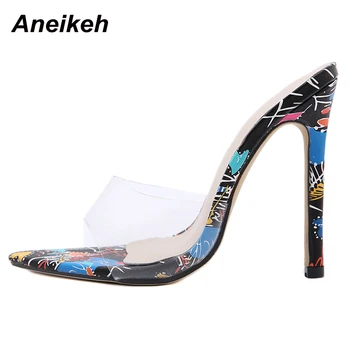 Aneikeh 2021 NOU Sexy din PVC Femei de Moda de Vară Papuci Sandale TOTEM Adult Culori Amestecate în Afara Tocuri Subtiri Retro Superficial Negru