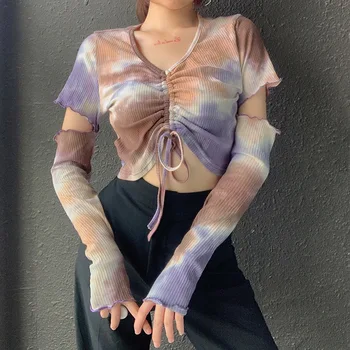 Tie Dye Cordon Crop Top 2020 Toamna Cu Mâneci Lungi V-Neck Top Femei Sexy Gol Afară De Buric Bluza Noua Moda Tricou