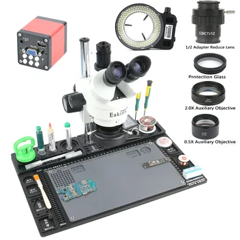 Aluminiu banc de lucru Sta 7X-45X Simul Focal Microscop Stereo Trinocular Camera 13MP+0,5 X/1 X/2X Auxiliare Obiectiv
