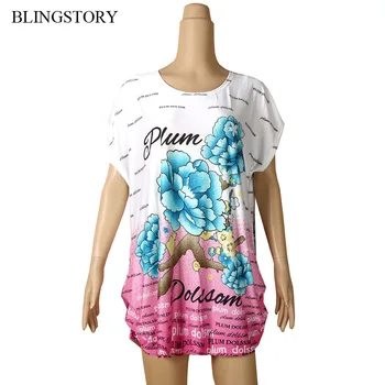 Blingstory Moda batwing Scurt-maneca floare de Imprimare Vascoza Topuri femei t-shirt epocă