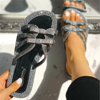 2020 Femei Papuci de Vara de Cristal Stralucitoare Tobogane, Sandale de Plajă Feminin Zapatos Mujer Drăguț Arc-nod Papuci Exterior Pantofi Plat