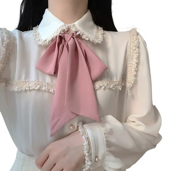 Elegant, Alb Bluza Femei 2021 Primăvară Dulce Ciucure Fundă Topuri Cu Maneci Lungi Din Dantela Pentru Femei Cardigan Button Up Shirt Femei Blusas 11608