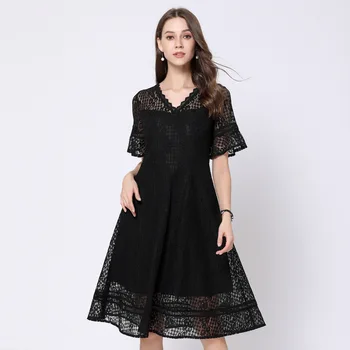 Moda de vara elegante rochie de dantelă neagră petală maneca V gat prins talie subțire rochie de petrecere Casual vestidos Plus Dimensiune tunica 5XL