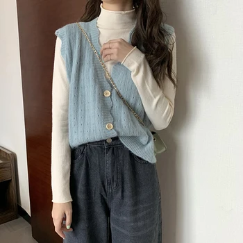 Subțire Retro Vesta Pulover Femei V-Neck Solid Moda Coreeană Vesta Tricotate Cardigan Vintage Tricotaje Pentru Femei Imbracaminte De Toamna 2020