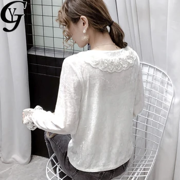 YG Dantela Mozaic Velet Tricou si Bluza Femei Stil coreean Zburli Maneca Doamnelor de Sus 2020 Toamna cu Maneca Lunga Elegante Blusa Mujer