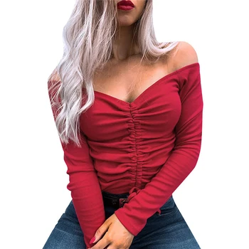 2020 New Sosire Sexy Slim Fit Tee De Femei De Moda Casual Culoare Solidă Cordon T Camasa Maneca Lunga Topuri Tricotate