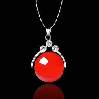 Argint pur clavicula Colier cherry red singură rundă de tranzit perla-de jad, Agat Pandantiv