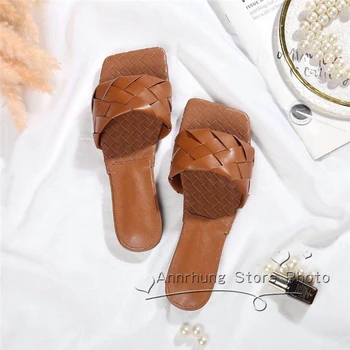 42 dimensiune Reală de Piele-curea Papuci Femei Pătrat sandale Împletite Toc Plat Alunecare pe Pista Catâri Pentru Doamna