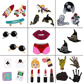 Moda punk femei insigna brosa email ace ruj pălărie, ochelari de mână de flori de craniu mașină de joc tricou jachete butonul pin bijuterii