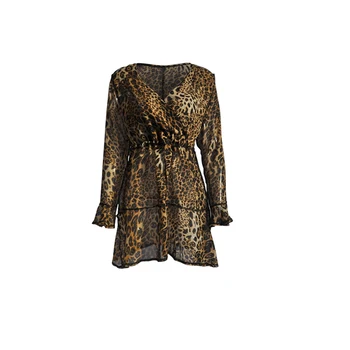 Femei Șifon Rochii Leopard de Imprimare Adânc V-Gât Rochie cu Mâneci Lungi Rochie Eleganta Clubwear Haine de Petrecere