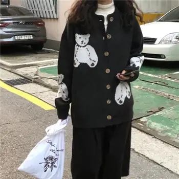 Japoneze Kawaii Cardigan Femei Drăguț Pulover Haina Ursul Desene Animate De Imprimare Coreean Tricotaje Fete Dulci Cardigans Loose