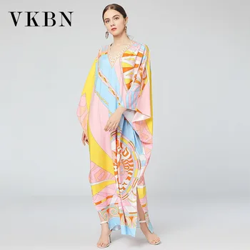 VKBN 2020 Toamna Rochii Femei Nou Liber V-Neck Plus Dimensiunea Îmbrăcăminte pentru Femei Rochie de Până Rochie cu Maneci Lungi