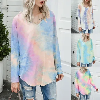 Moda 2020 nou camasi pentru femei, haine Casual Tie-Dye V gatului Maneca Lunga Vrac Elegant Pulover Topuri футболка женская