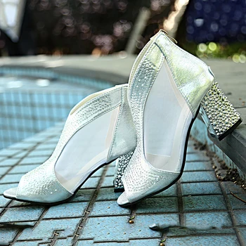 Femei de moda Sandale 7cm Tocuri inalte Bling Nunta de Diamant Pantofi de Vara Pătrat Femei Pantofi cu Toc din Piele Sandalia Mujer