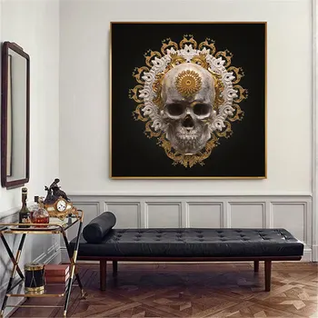 Craniu de aur Negru și Alb Flori de Panza Pictura pe Perete Postere Si Printuri Abstracte Totem Arta Imaginii Pentru Camera de zi Decor Acasă