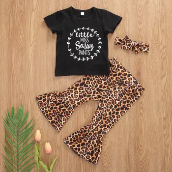 Fashion Summer Infant-Haine pentru Copii Seturi de Fete Topuri+Flare Pantaloni+Bentita 3Pcs Leopard Scrisoare de Imprimare Maneci Scurte Copilul Utilaje