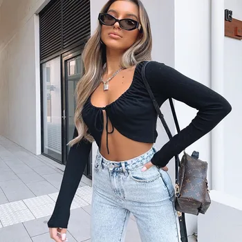2020 Femei Sexy Lace Up Culturilor Topuri cu Maneca Lunga Slim Fit Bluze Solid de Culoare Moda Cardigan Casual Topuri