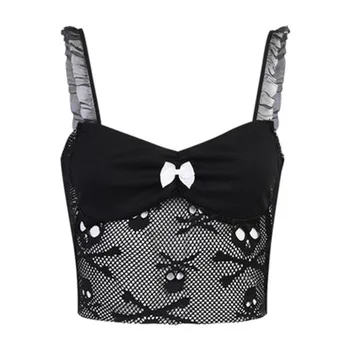 2021 Sexy gol negru mesh T-shirt perspectivă de sex feminin cusaturi expuse ombilical de imprimare mici sling cu craniu plasă de dantelă sling
