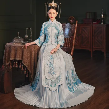 Chineză Tradițională Îmbrăcăminte Mireasa Rochie De Mireasa Dragon Feminin Rochie Slim Cheongsam Albastru Margele Aplicatiile De Broderie, Rochii De Seara