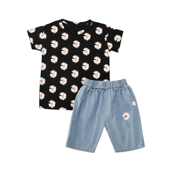 De Vară 2020 Copil Fata de Îmbrăcăminte Seturi de Floarea-soarelui Tipărite Tricou Top + Pantaloni Denim Albastru 1-5A copii Copii Tinutele Casual de Vara
