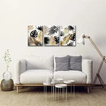 3 Bucată de Pânză de Perete de Arta Aur și Negru Tropicale cu Frunze de Pictura Arta Imprimeuri Botanice de Plante Postere Dormitor Baie Decor de Perete
