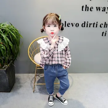 Toamna Imbracaminte Copii Set Baby Girl Korean Rever Bumbac Carouri Camasa cu Maneca Lunga, Blugi 2 buc 0-4 Ani Copilul Fată Costum de Haine