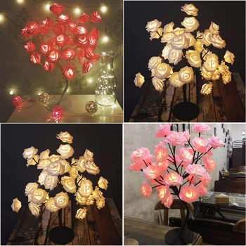 24 LED-uri a Crescut de Flori de Masă Lămpi de Birou Lumina de Noapte Iluminare Interioară Lampă de Acasă Decorare Dormitor Petrecere de Nunta, Ornamente Roz/Alb