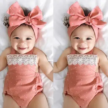 2017 Copil Nou-născut Fete Haine de Vara Pink Lace Romper Căpăstru fara Spate Salopeta +Banda 2 buc Tinutele Sunsuit Set