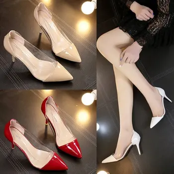 Toamna Brand Nou de Înaltă Tocuri Femei Pantofi Deget a Subliniat PVC Negru Sexy Femeie Pompe de 8 cm Toc Office Lady Pantofi