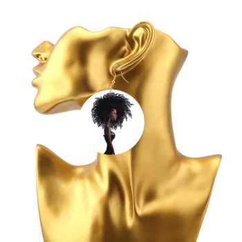 SANSHOOR 6cm Tipărite Afro Negru Fata din Lemn Picătură Cercei Afrocentric Par Natural Model Ca și Cadou de Crăciun Pentru Femei 6Pairs
