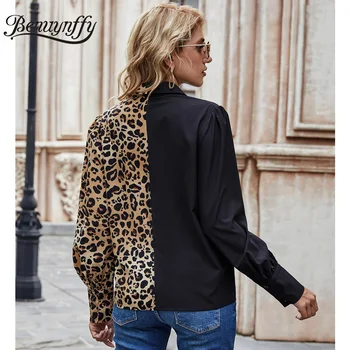 Benuynffy Turndown Guler Leopard de Imprimare Negre Tricou Femei Picior-de-oaie Sleeve Button Up Elegant Doamnelor Topuri si Bluze