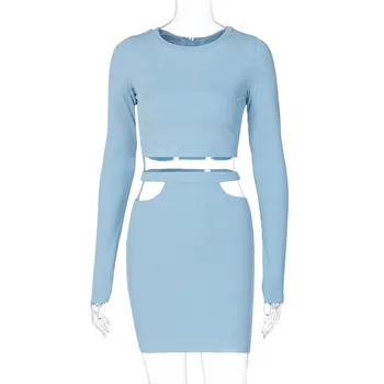 2021 Nou Sexy Femeie Streetwear Tricotate Nouă-punct Bluza cu Maneca Lunga O-gât Albastru Gol Toamna Strâns Costum din Două piese