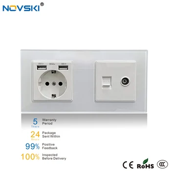 NOVSKI USB 2100mA German Priză Electrică + TV + Tel de Date Priză de Perete, Cristal Geam Panou 86*172mm, 5 Ani Garanție