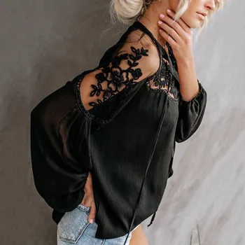 2020 Bluze Șifon V-Gât Casual Dantela Plasă de Coasere maneca lunga Femei Lanern Bluze cu Maneca