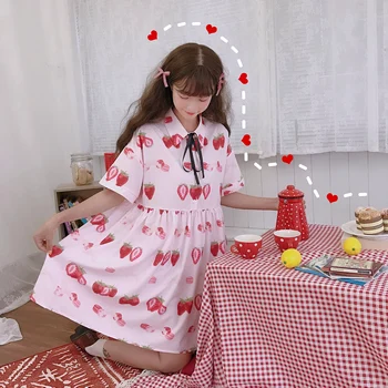 Lolita Rochie femei de vară drăguț Japoneză de imprimare capsuni papusa fusta liber cămașă cu mânecă scurtă kawaii îmbrăcăminte lolidress drăguț
