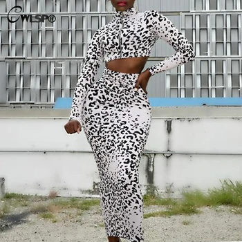 CWLSP 2018 Fahion Leopard de Imprimare Femei Costum Sexy cu Maneci Lungi Culturilor Topuri cu Fermoar Și Lung Fusta Slab Femme Toamna Iarna Haine