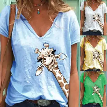 2020 Nouă Femei Casual de Vara Scurt Maneca V Gat Girafa Bumbac Imprimare T-shirt Sus Plus Dimensiune 3XL Vestidos