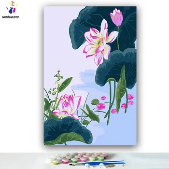 DIY coloranți imagini de numere cu culori frunze de Lotus lotus pond imagine de desen, pictură de numere încadrată Acasă