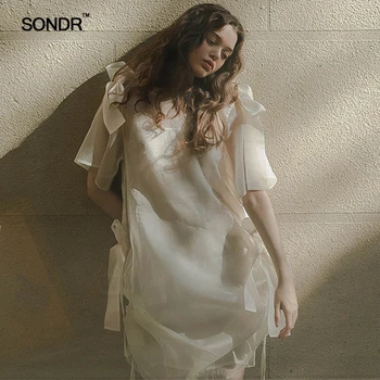 SONDR 2019 nou romantism francez perspectivă bowknot alb Zână rochie asimetrica din dantela-up rochie de Vacanță femei