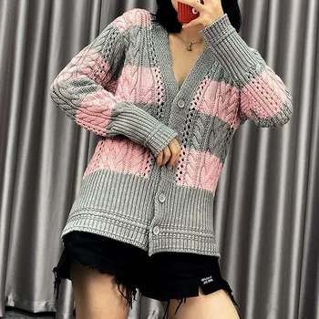 2020 Toamna noua Pulbere gri culoare de contrast V-gât pulover de lână gol casual all-meci femeie de moda sacou tricotate cardigan