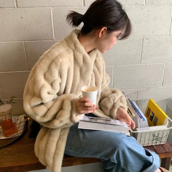 Femei blană de pluș haina de iarna stand guler singur pieptul liber și versatil, cu maneca lunga blana, cum ar fi cald haină de blană pentru femei