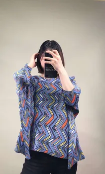 Miyake Cutat Bat Maneca Tricou Nou Largi dimensiuni cu Dungi Subțiri Cutat tricou de Vara Tricouri Pliuri